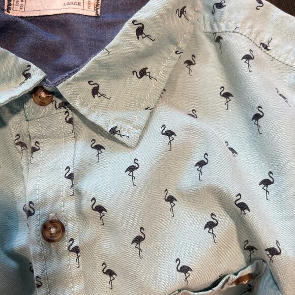 FREE PLANET Aqua Blue Flamingo Short Sleeve Button Down Shirt size Large - Picture 3 of 5
